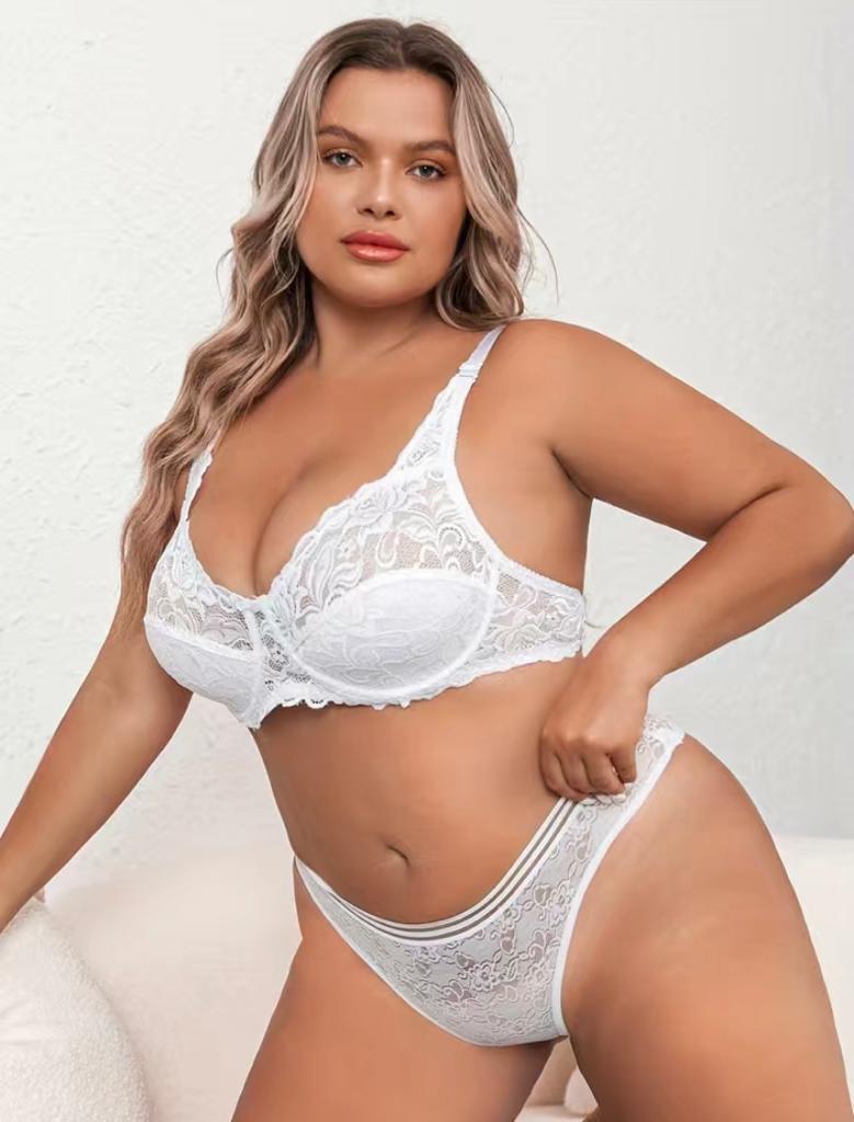 Plus Size Sexy Bra, Damen Plus Floral Jacquard Kontrast Spitze Vollständige Abdeckung